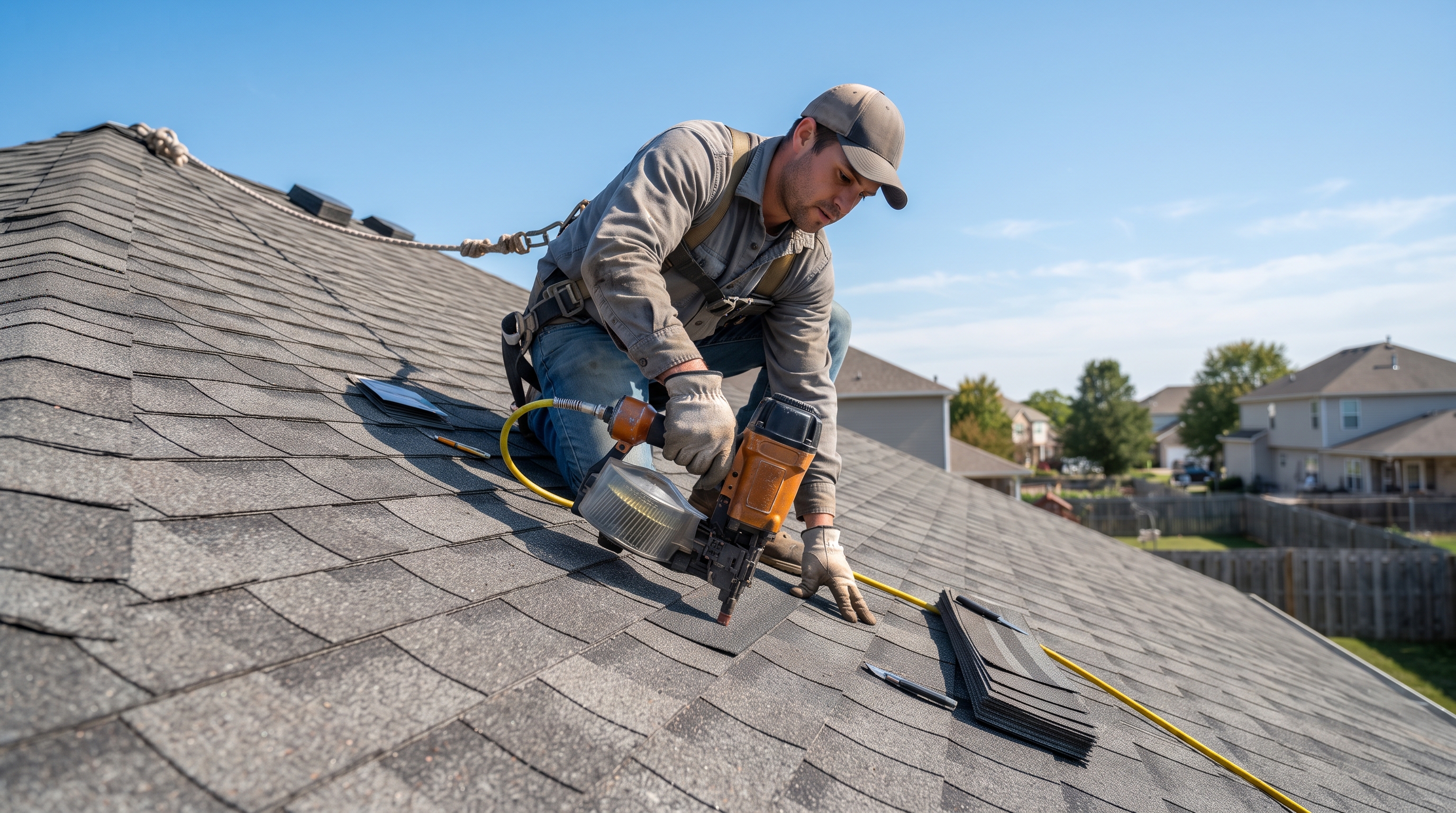 Roofer using a pneumatic coil roofing nailer to install asphalt shingles