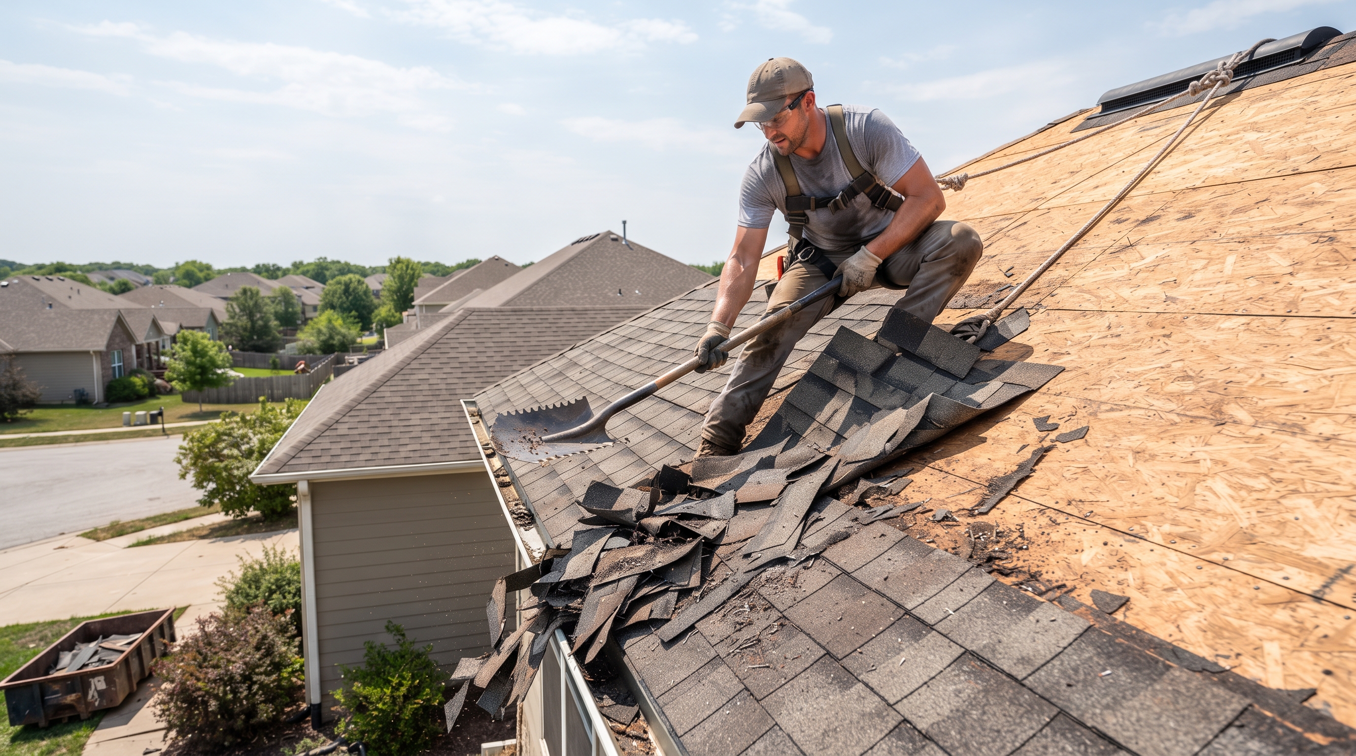 Roofer using a shingle removal shovel to tear off old asphalt shingles