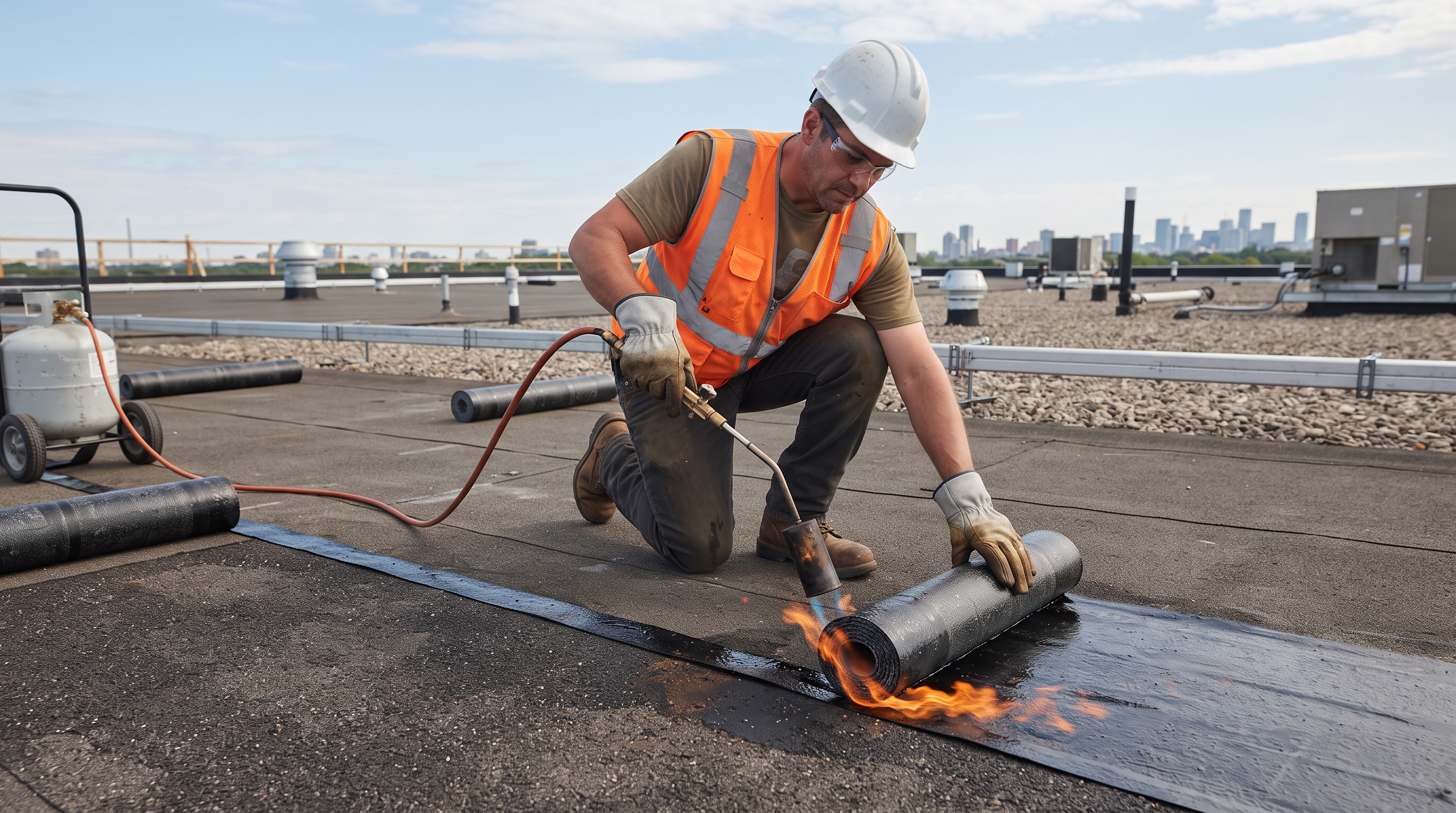 Roofer using a torch to heat-weld modified bitumen membrane on a low-slope roof