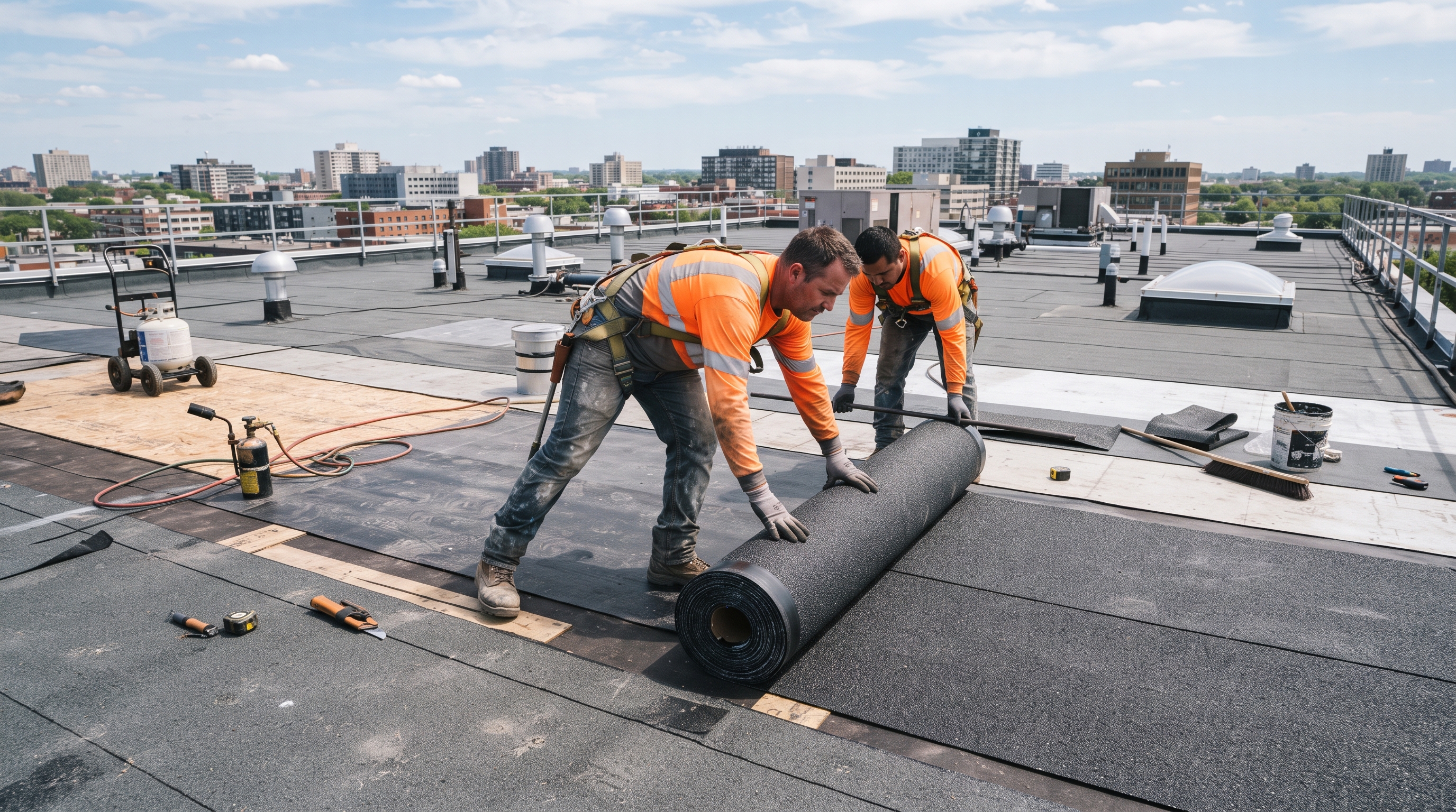 Modified bitumen membrane roll being installed on a commercial low-slope roof