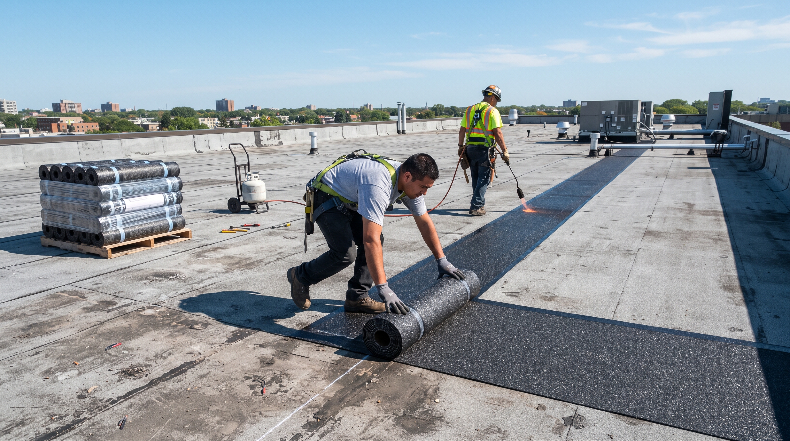 Modified bitumen roll being installed on a commercial flat roof