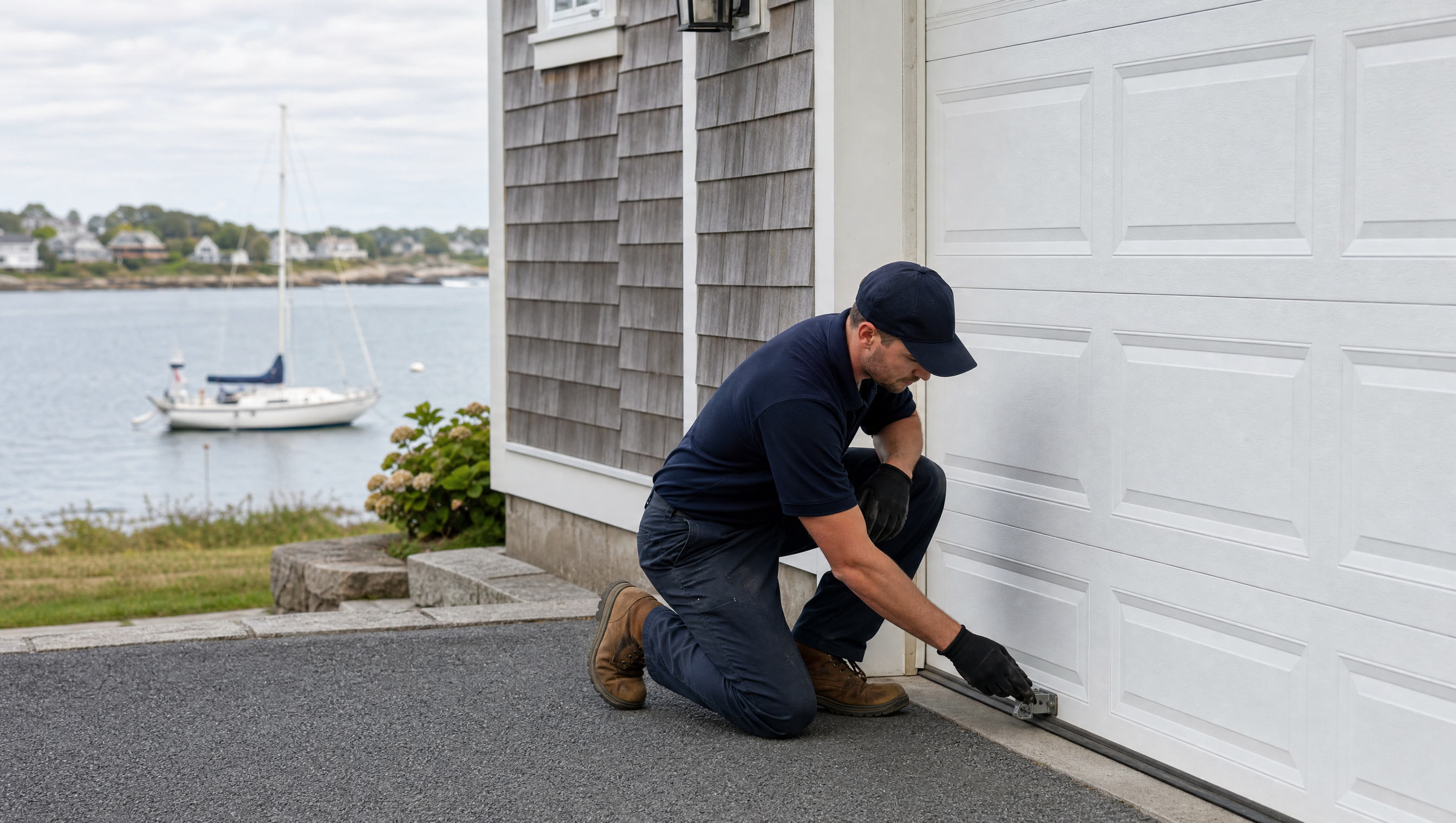 Garage door repair technician servicing a door on a coastal New England home in Beverly, MA