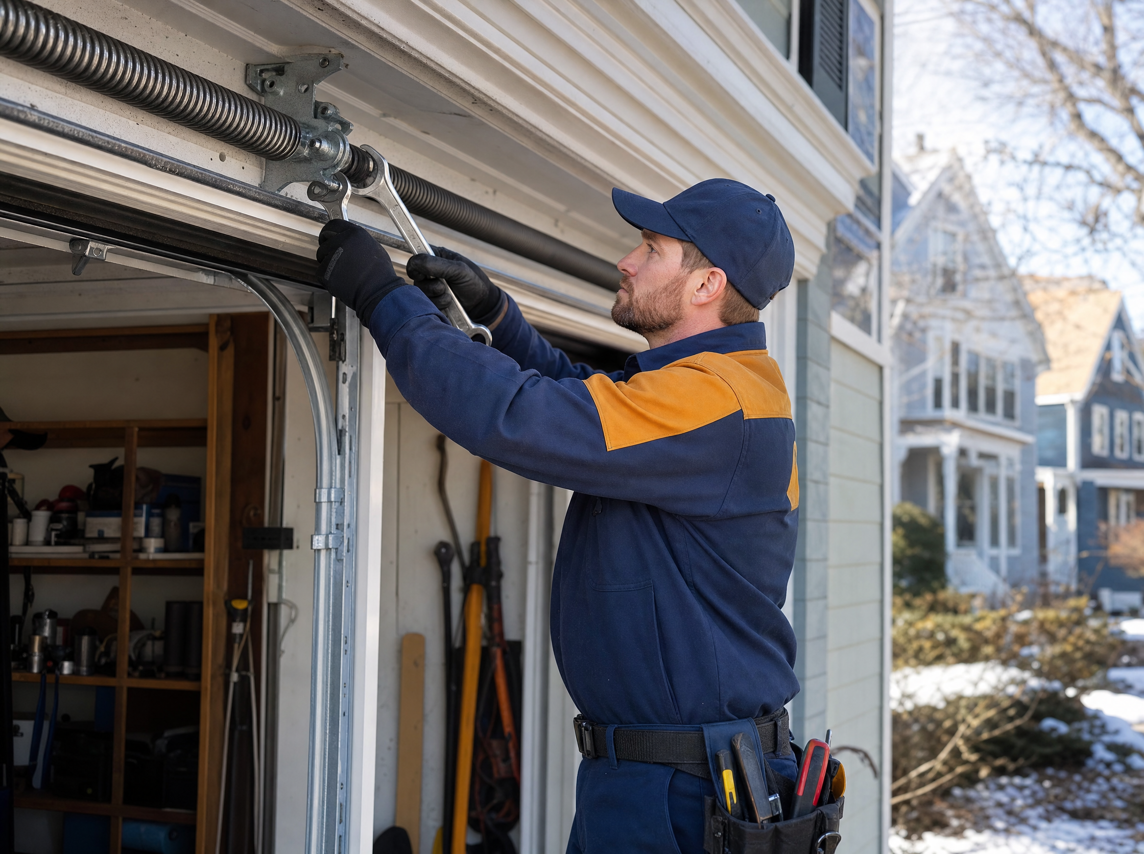 Garage door repair technician servicing a door on a New England home in Haverhill, MA