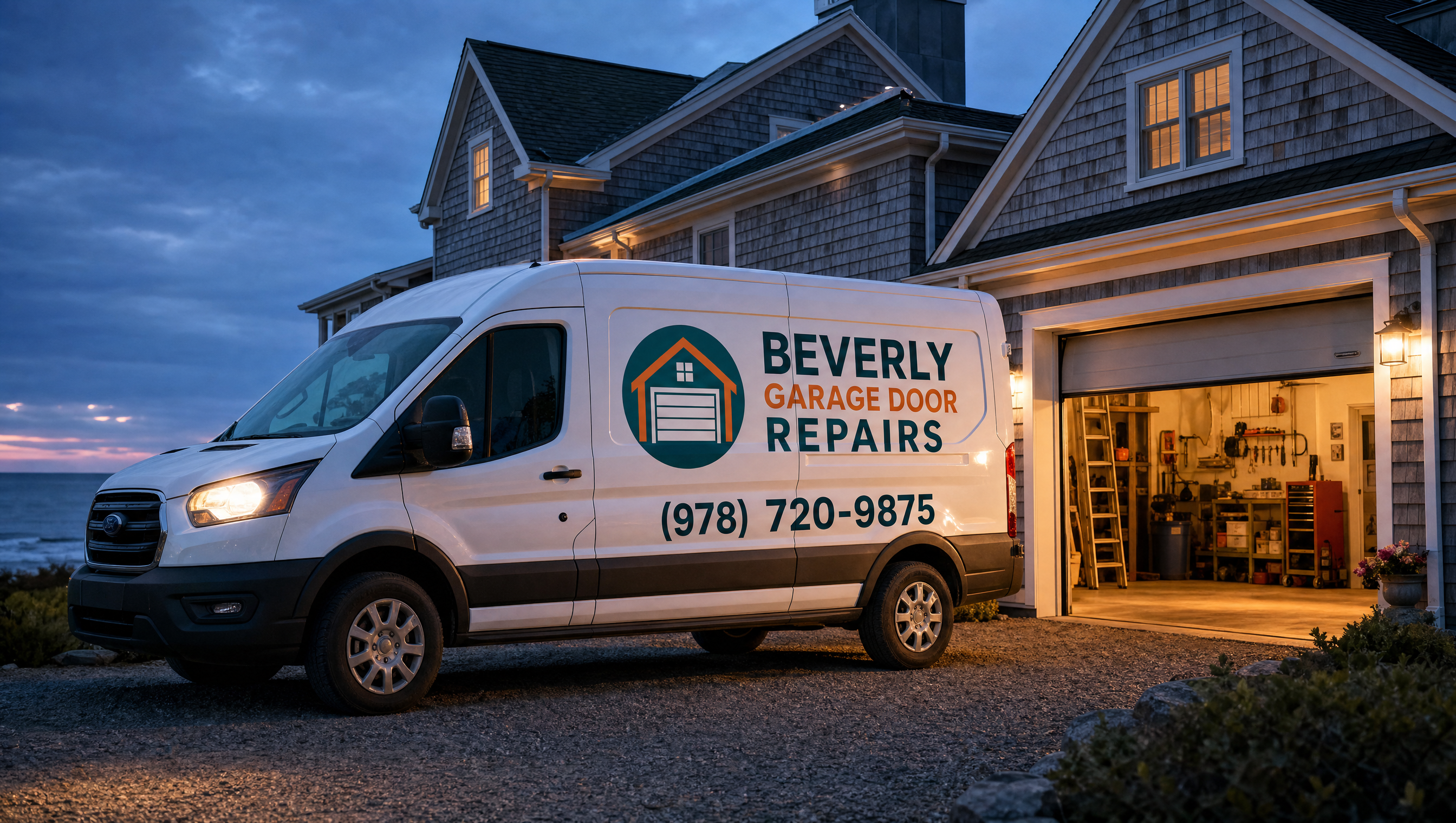 Beverly Garage Door Repairs branded van on an emergency call at dusk