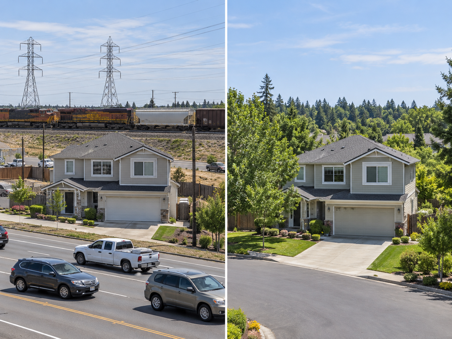 Two similar homes showing how traffic, railroad tracks, and power lines can affect property value