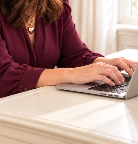 Carrie writing at her desk