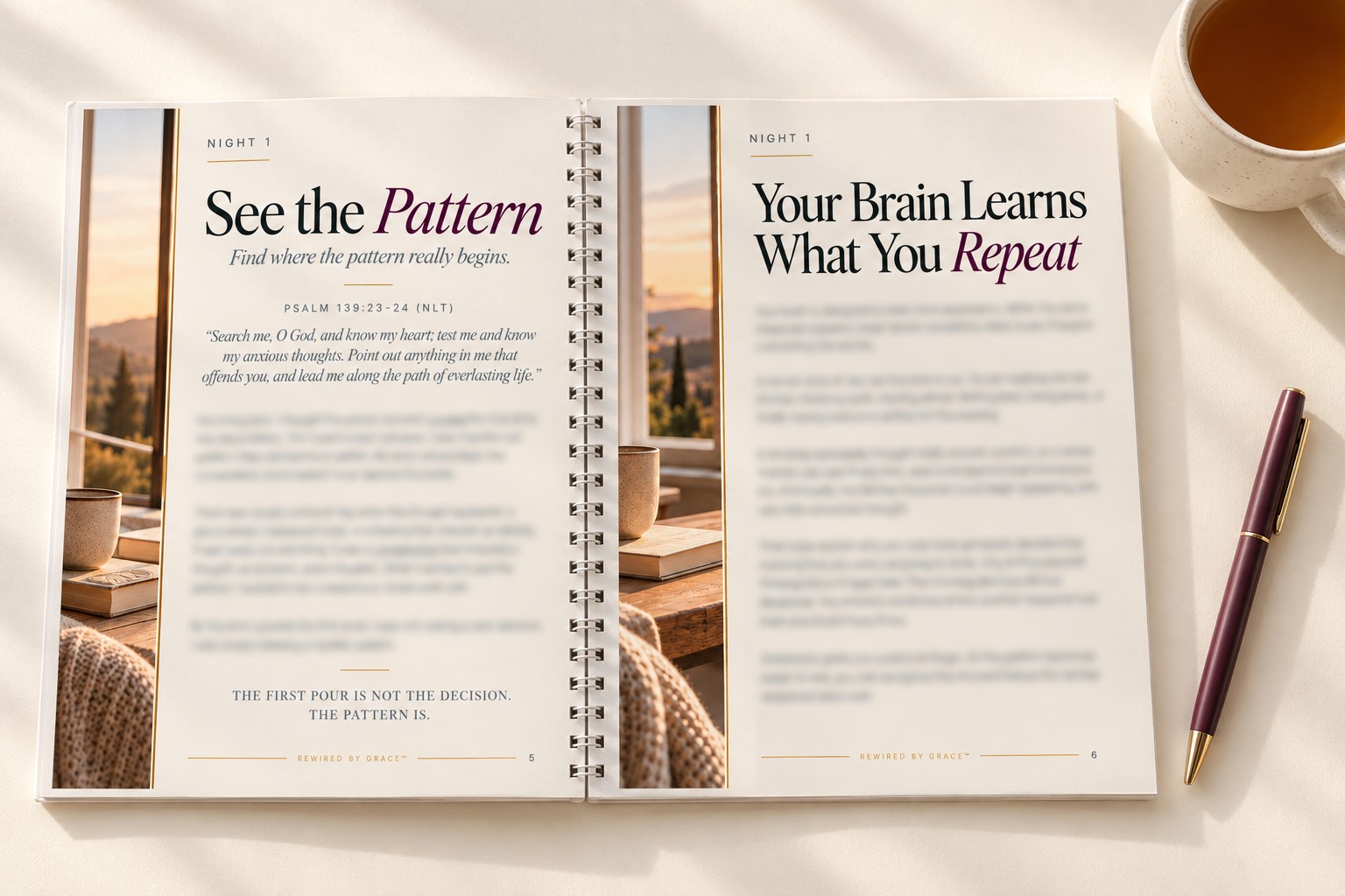 Two open pages from Night 1 of The 7-Night Pattern Reset workbook