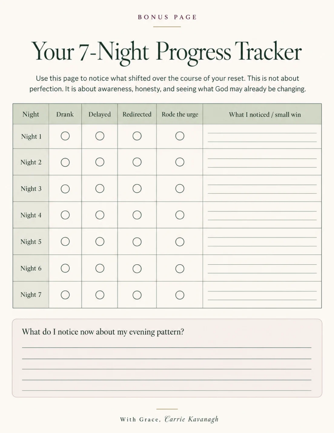 The 7-Night Progress Tracker page from the workbook, with a row for each night and a space to note what you noticed