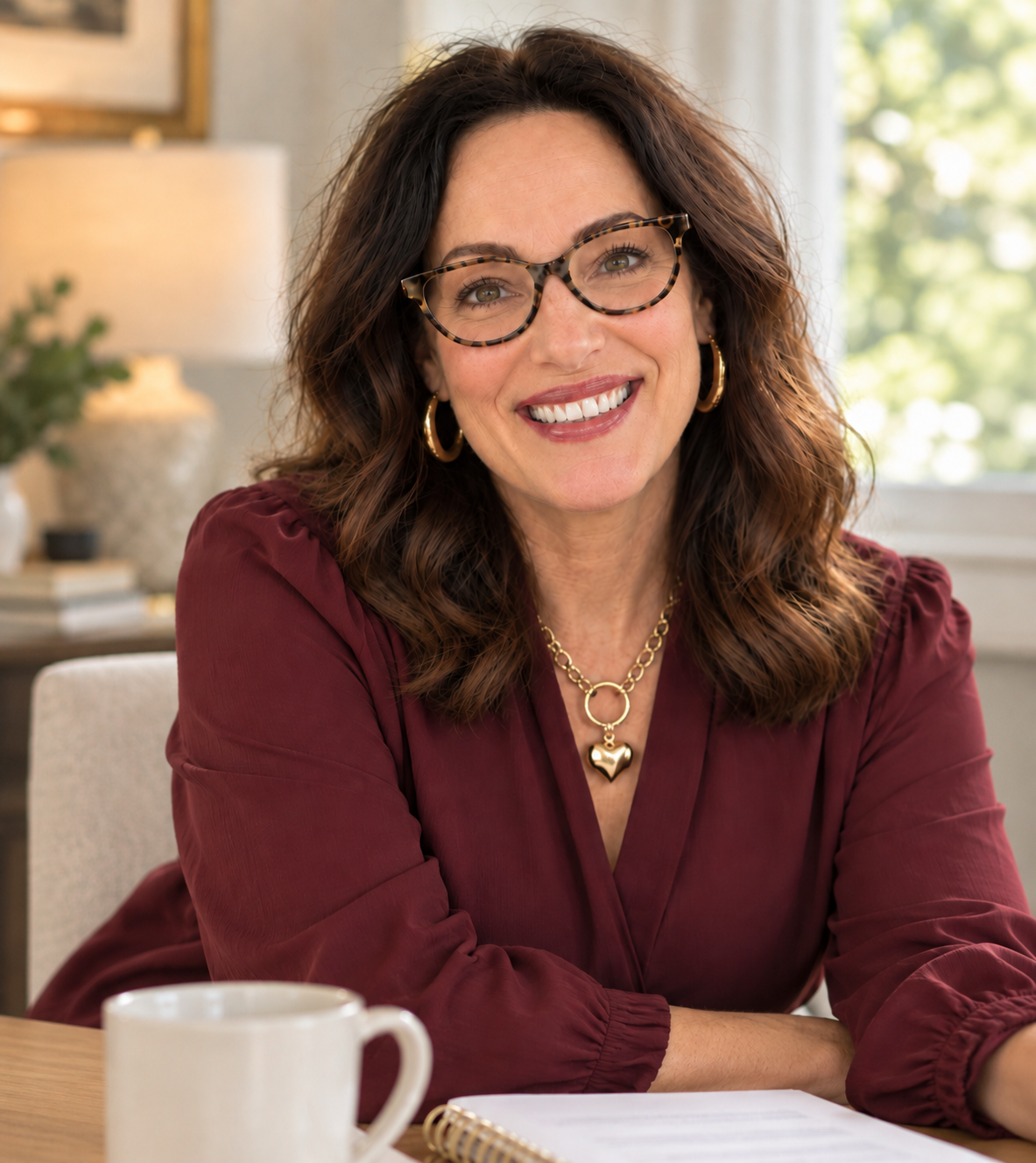 Carrie Kavanagh seated at a table with a notebook and a cup of coffee