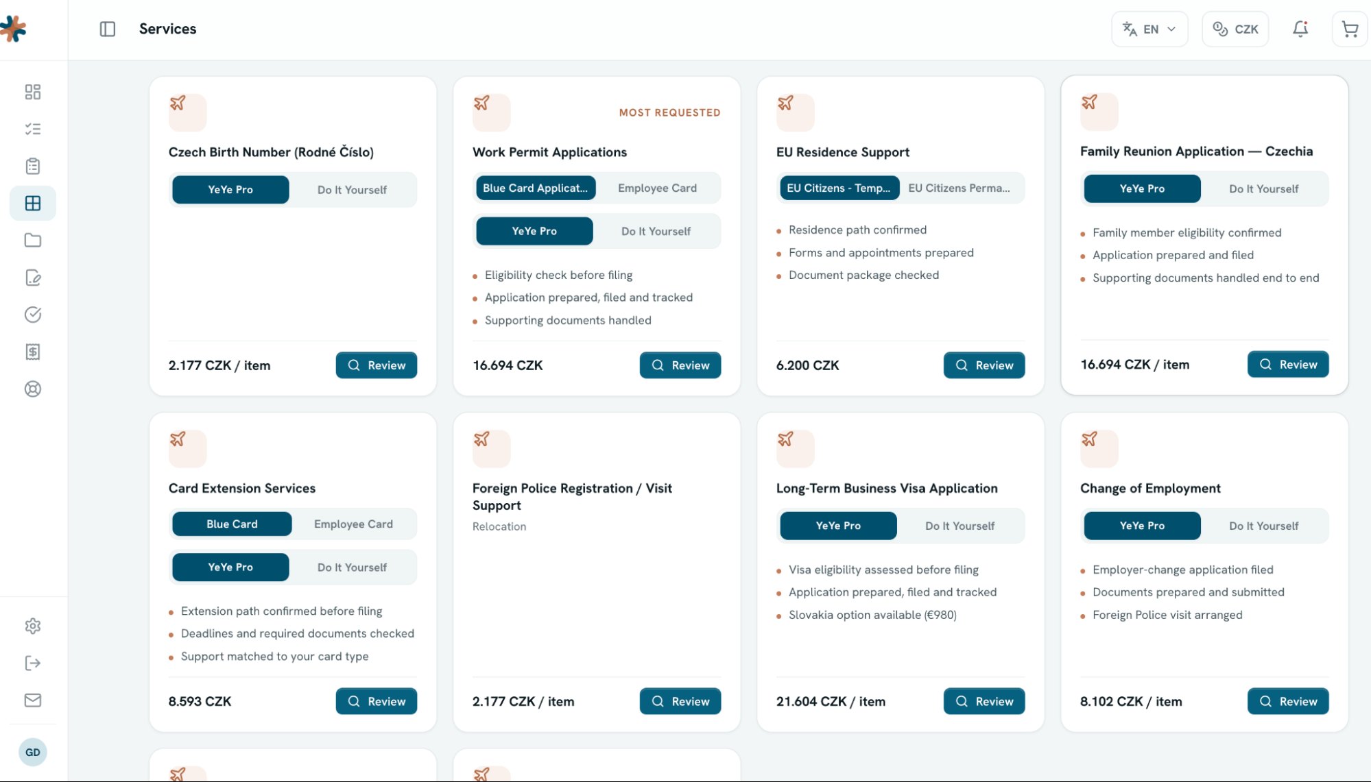 Expats Centre portal services screen with Relocation services, each with YeYe Pro and Do It Yourself options and prices in CZK