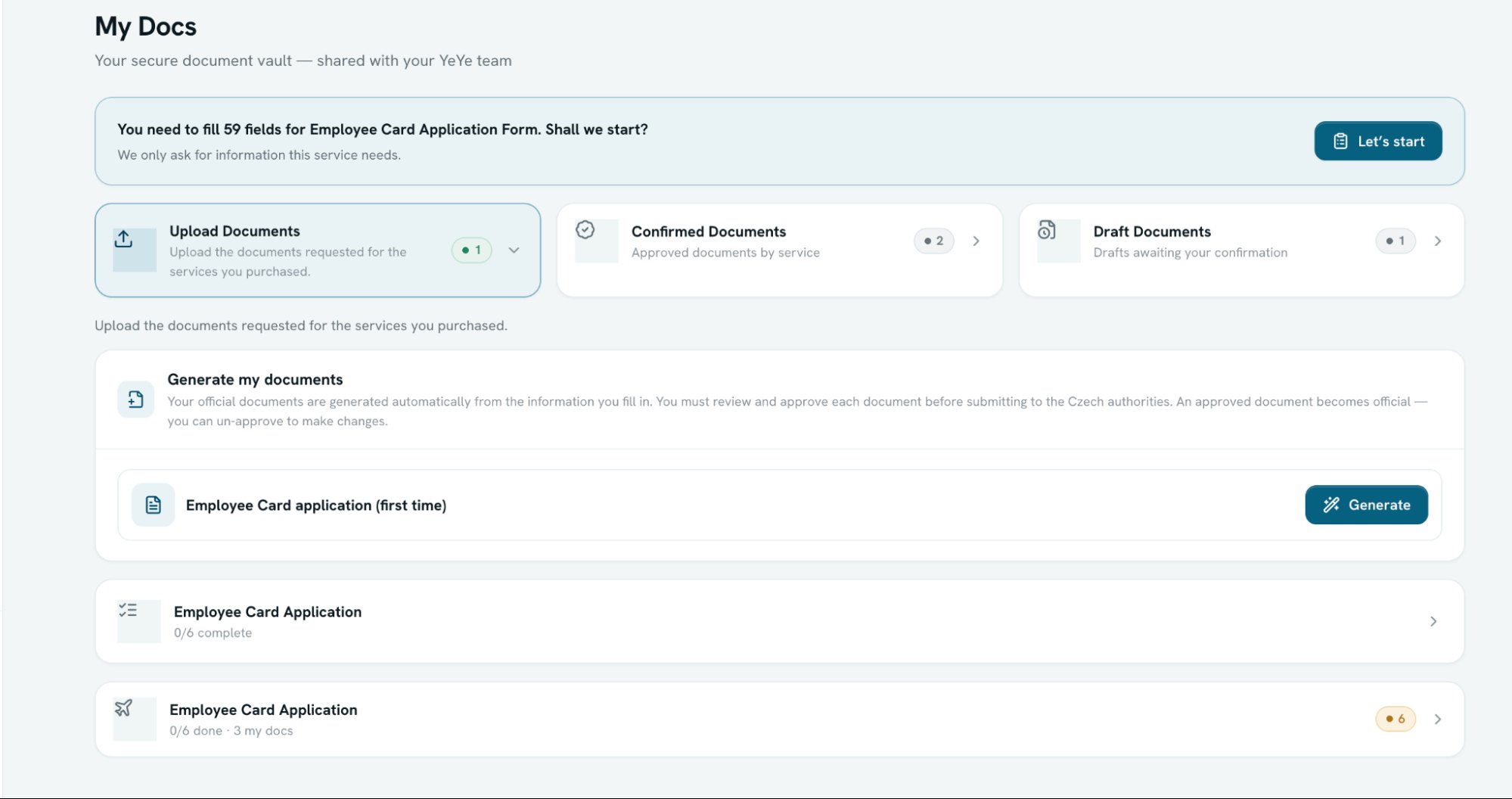 Expats Centre My Docs view with document upload, confirmed and draft documents, and a Generate button that creates official forms from your answers
