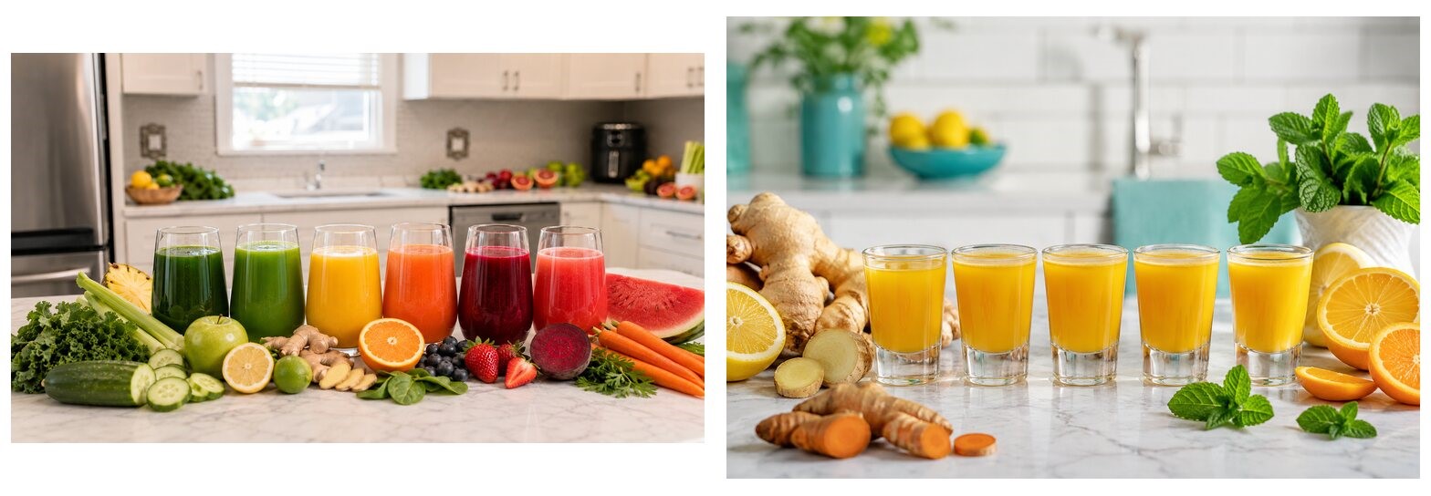 Assorted cold-pressed juices and wellness shots with fresh fruits and vegetables