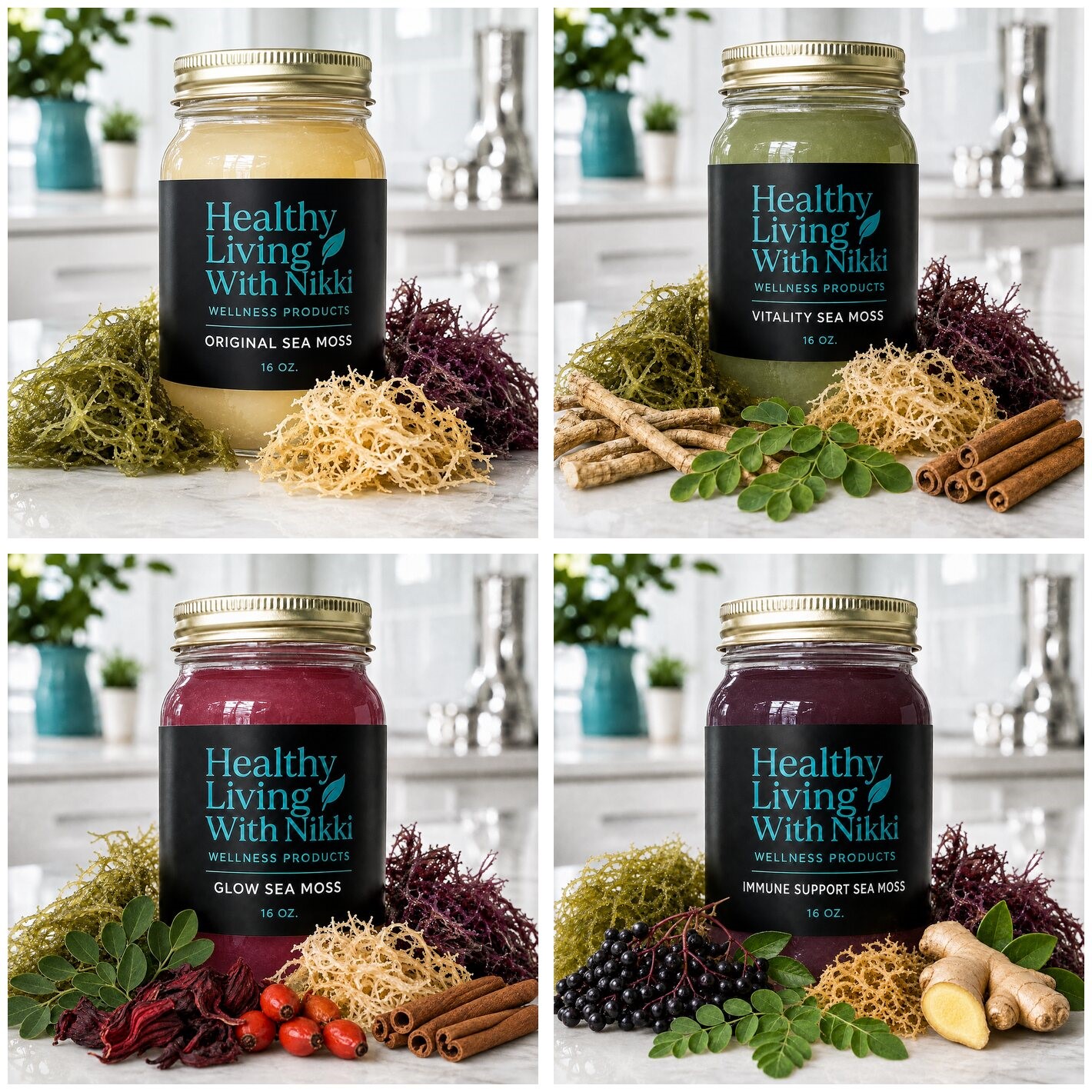 Four Healthy Living With Nikki 16-ounce sea moss gel varieties