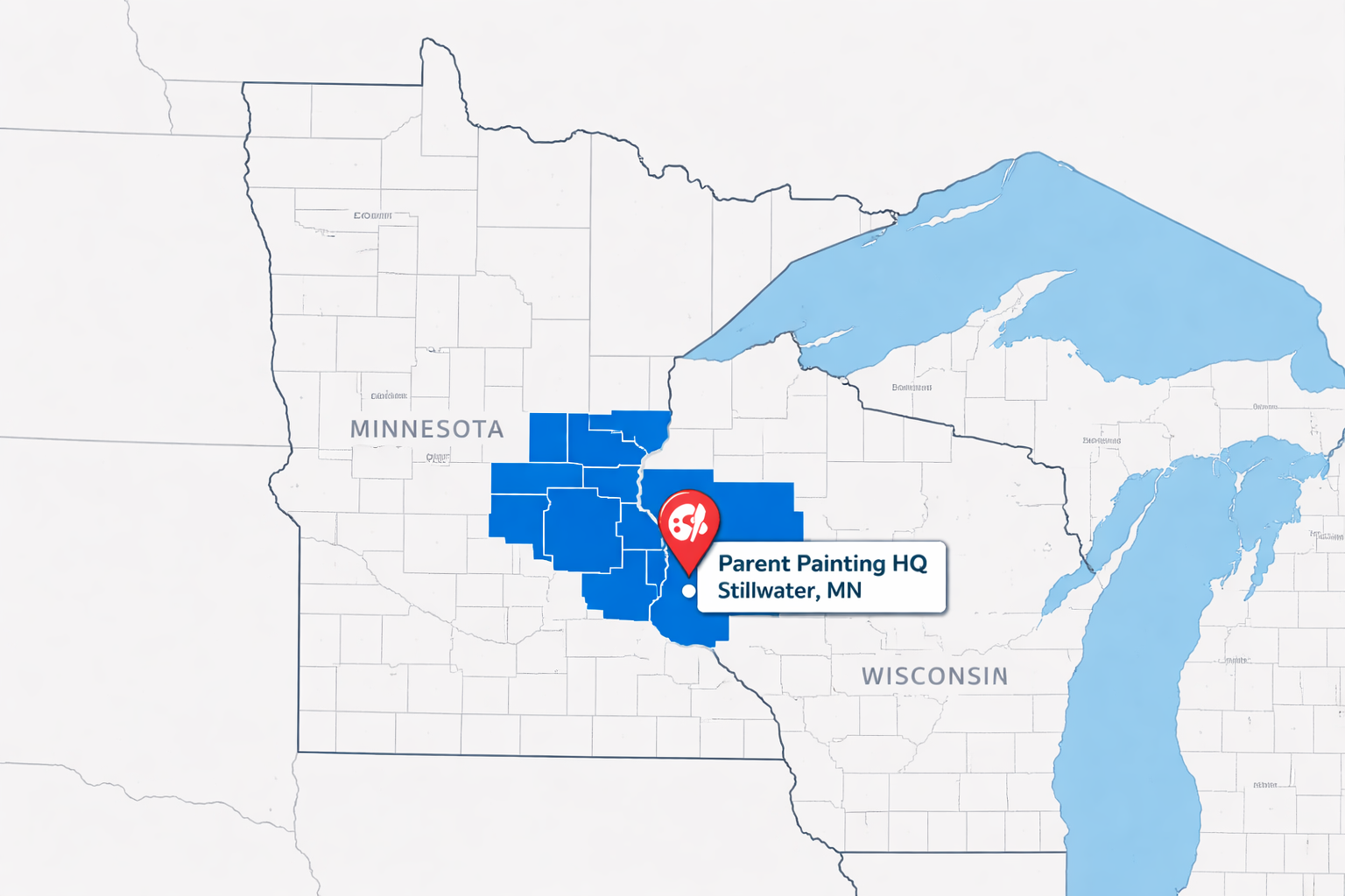 Map highlighting Parent Painting service areas in Minnesota and St. Croix County, Wisconsin