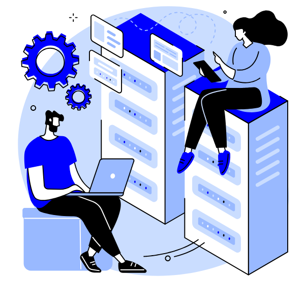 Illustration of developers working on web servers and interface layouts, representing custom website design, performance optimisation, and responsive development