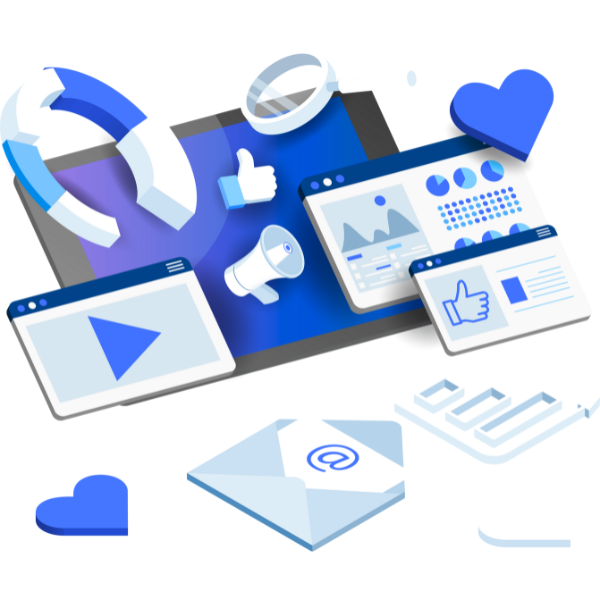 Digital illustration of social media dashboards, video content, likes, email, and engagement icons representing consistent brand management and audience growth