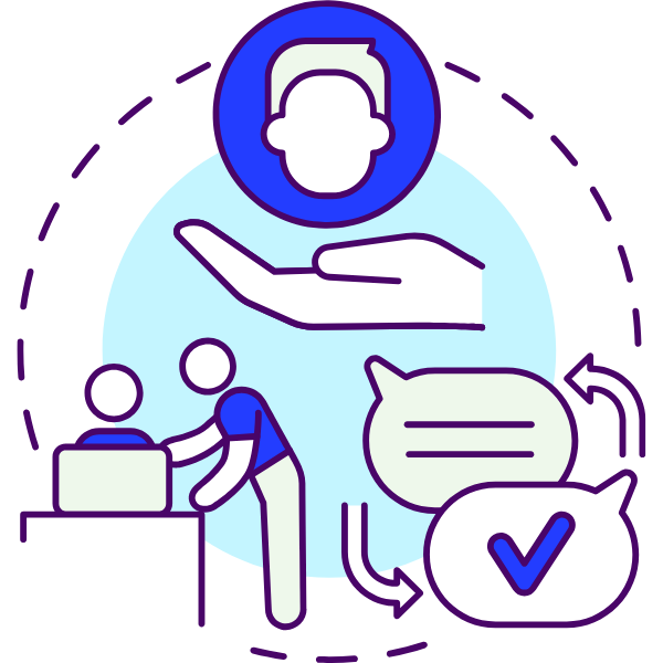 Illustration of automated follow-up communication with messaging icons, client support, and checkmarks representing lead nurturing, reminders, and sales automation