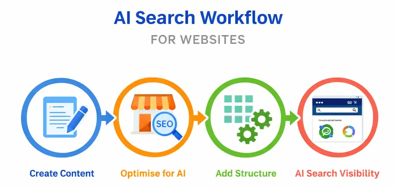 AI search SEO workflow diagram showing content creation optimisation structured data and AI search visibility