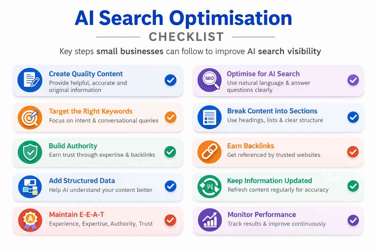 AI search SEO optimisation checklist showing key steps businesses can follow to improve visibility in AI powered search engines
