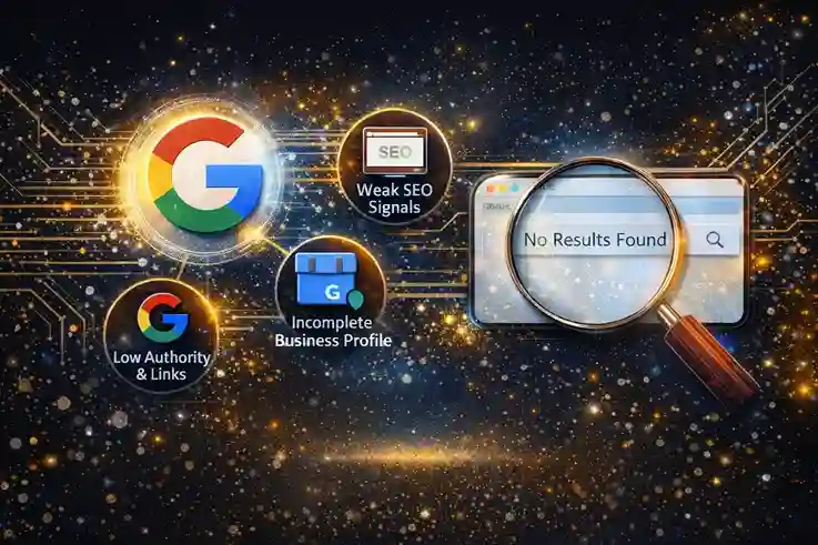Infographic illustrating why some businesses do not appear in Google search results, highlighting SEO signals, Google Business Profile completeness, website authority and search visibility factors