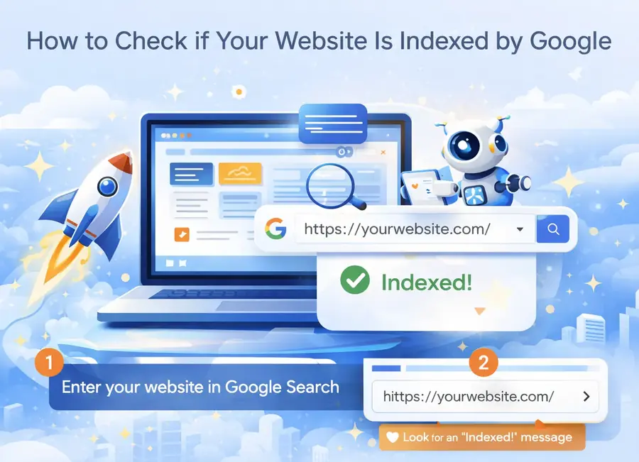 Illustration showing how to check if a website is indexed by Google using a search query and indexed confirmation message helping small businesses verify website visibility in Google search results.