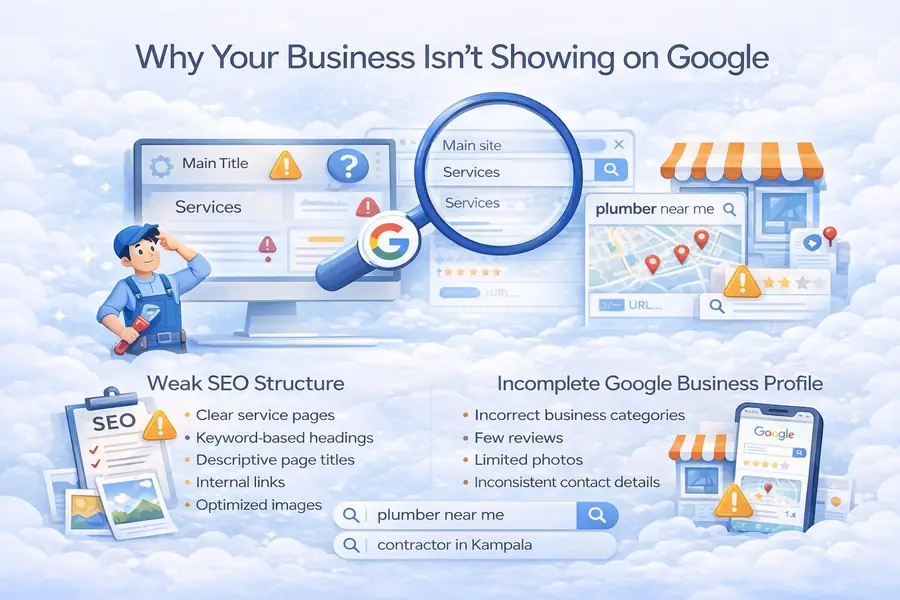 Infographic showing why a business may not appear on Google, highlighting weak SEO structure, missing service pages, keyword-based headings, internal links, optimized images, and an incomplete Google Business Profile affecting local visibility.
