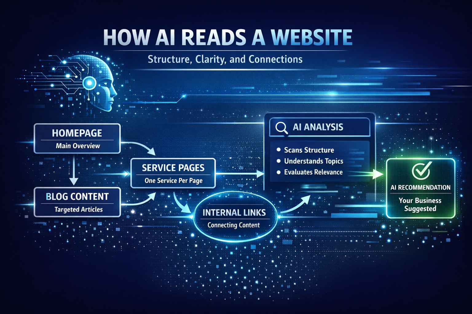 Infographic showing how AI tools analyse website structure through clear headings, service pages, blog content, and internal linking to improve SEO visibility and business recommendations in 2026