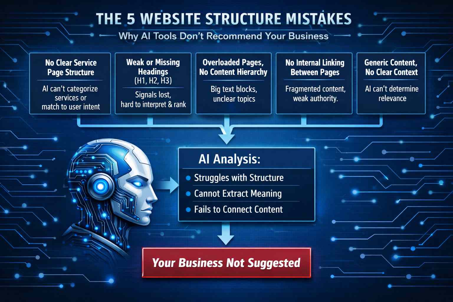 Infographic showing five website structure mistakes—unclear service pages, missing headings, poor hierarchy, no internal linking, and generic content—that prevent AI tools from recommending businesses in search results