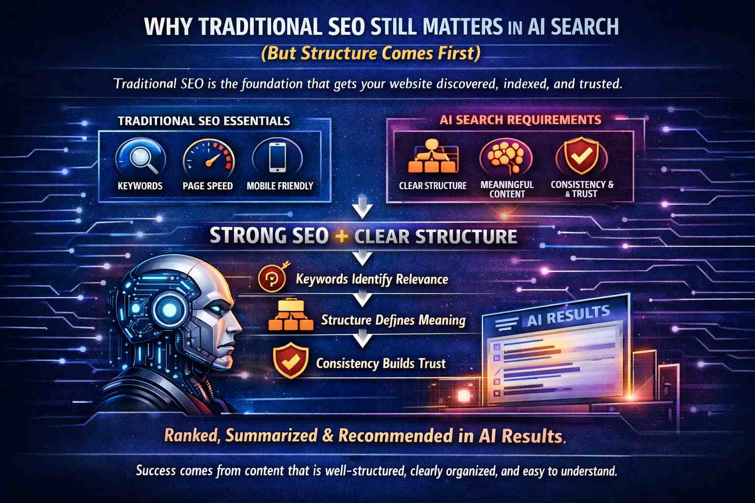 Infographic showing how AI tools analyse website structure through clear headings, service pages, blog content, and internal linking to improve SEO visibility and business recommendations in 2026