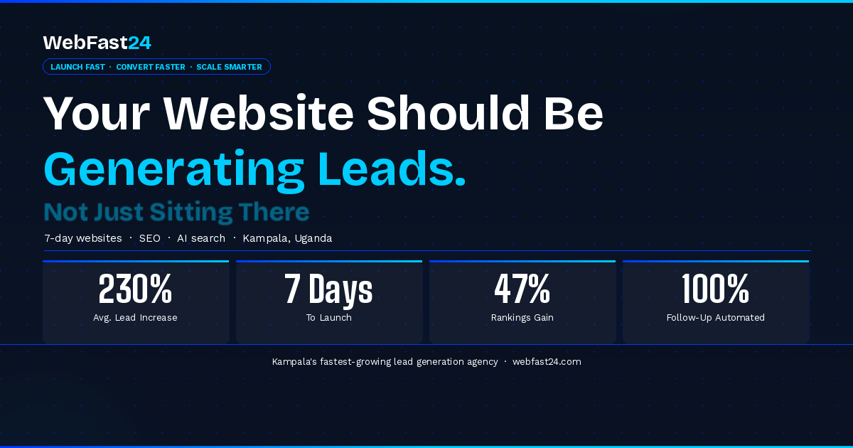 WebFast24 — Kampala web design agency specialising in 7-day website launches for service businesses in Uganda. Homepage hero showing key results: 230% average lead increase, 7-day launch timeline, 47% Google rankings improvement, and 100% automated follow-up. Headline: Your Website Should Be Generating Leads. Services include conversion-focused web design, local SEO, AI search optimisation, and lead generation systems for Kampala businesses.