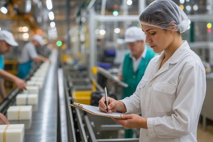 Quality control inspector in food processing facility under bright NSF-rated LED lighting