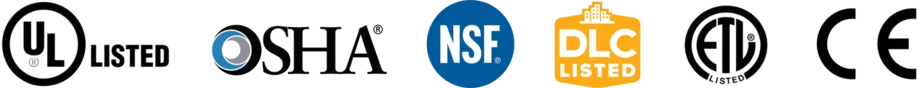 UL Listed, OSHA, NSF, DLC, ETL, and CE certification badges for industrial and commercial LED lighting compliance