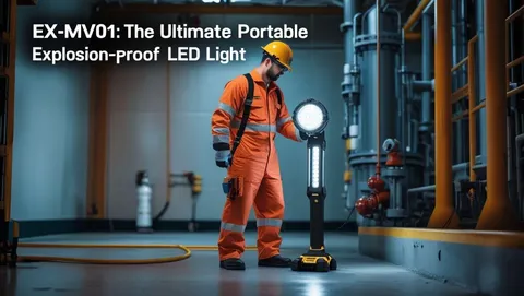 Technician utilizing the EX-MV01 portable explosion-proof LED work light in a hazardous industrial setting, highlighting its safety and portability features