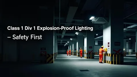 Class 1 Division 1 explosion-proof LED lighting illuminating a hazardous industrial environment with safety signage