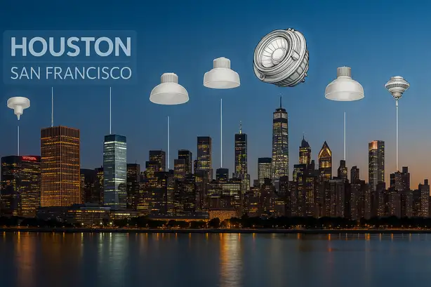 Panoramic collage of major U.S. city skylines at dusk—Houston, Pittsburgh, San Francisco, Anchorage, Chicago, New York, Tulsa, Seattle, Denver, and Atlanta—with semi-transparent industrial LED lighting graphics overlaid in blue, white, and silver, matching Maes Lighting’s modern brand style. Space reserved for city list or buttons