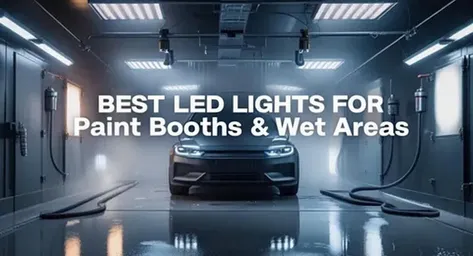 Paint booth with explosion-proof LED lighting and adjacent wet area featuring sealed vapor-tight LED fixtures