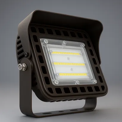 Industrial LED flood and area lighting fixture providing wide-area, energy-efficient illumination for outdoor industrial sites, parking lots, and large workspaces.