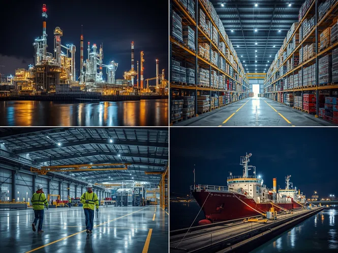 Collage of an oil refinery, food processing plant, warehouse, and marine dock, all with advanced LED lighting and workers in safety gear, showing versatile industrial applications.