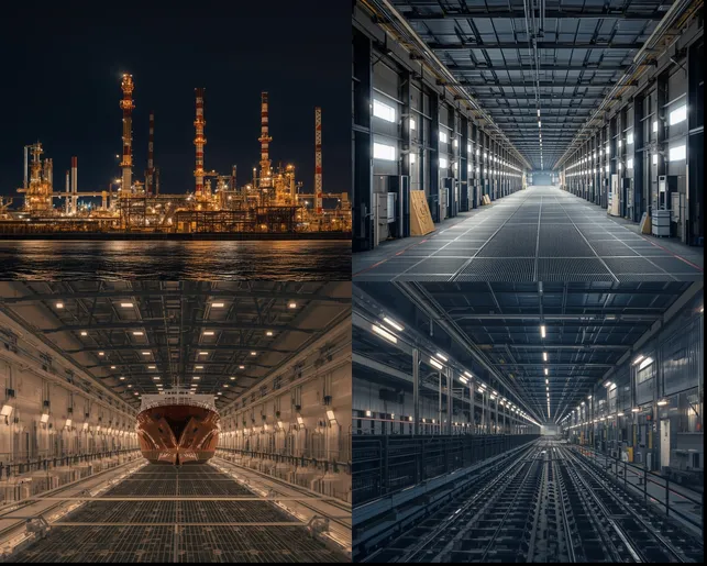 Collage of four high-resolution industrial facility scenes: an illuminated oil refinery at night, a brightly lit modern warehouse interior, the spacious interior of a cargo ship or container vessel, and a symmetrical railway maintenance depot. Each setting showcases robust infrastructure and advanced engineering environments.