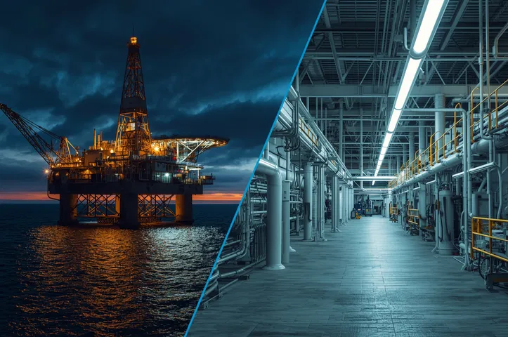Split-scene 3D render showing an illuminated offshore oil rig at night with explosion proof LED lighting on the left, and a modern chemical plant interior with bright linear LED lighting on the right, demonstrating real-world industrial lighting applications.