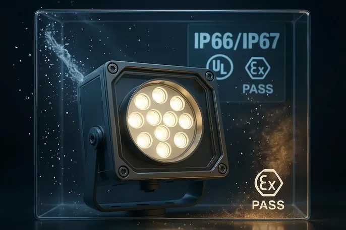 Photorealistic 3D render of an industrial LED flood light in a transparent chamber with water spray, dust, and digital IP66/IP67, UL, and ATEX/Ex certification marks, demonstrating durability and compliance.