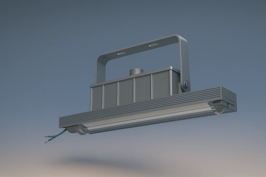 High-resolution 3D render of the EXH Series Class 2 Div 1 Linear LED fixture with copper-free aluminum housing, polycarbonate lens, LED strip array, and adjustable brackets, displayed on a soft gradient background.