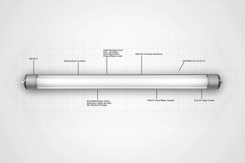 Explosion proof linear LED fixture 3D render with technical annotations highlighting certifications, dust and water sealing, and rugged housing for hazardous locations.