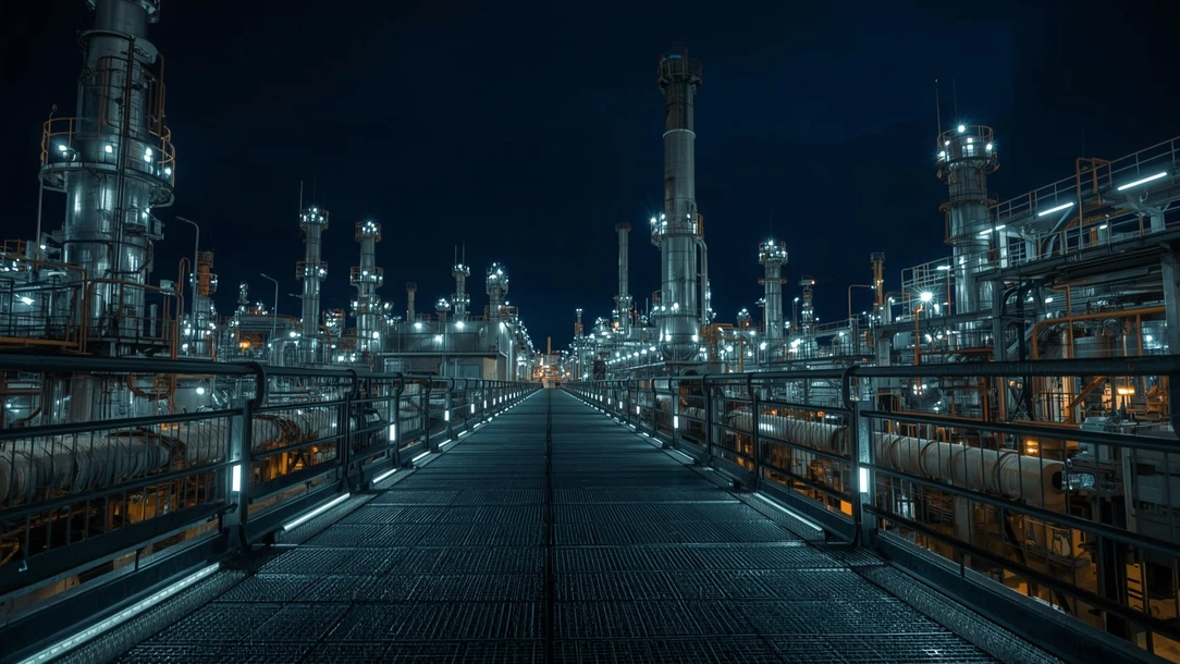Oil and gas refinery at dusk with pipelines and smoke stacks, illuminated by explosion proof linear LED lighting for hazardous environments.