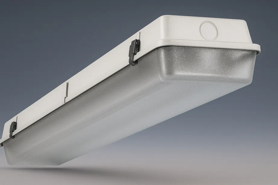 IR1 Series Class 1 Div 2 hazardous location fixture – fiberglass reinforced housing with acrylic lens, corrosion-resistant wet-location lighting, single fixture 16:9 3D render.