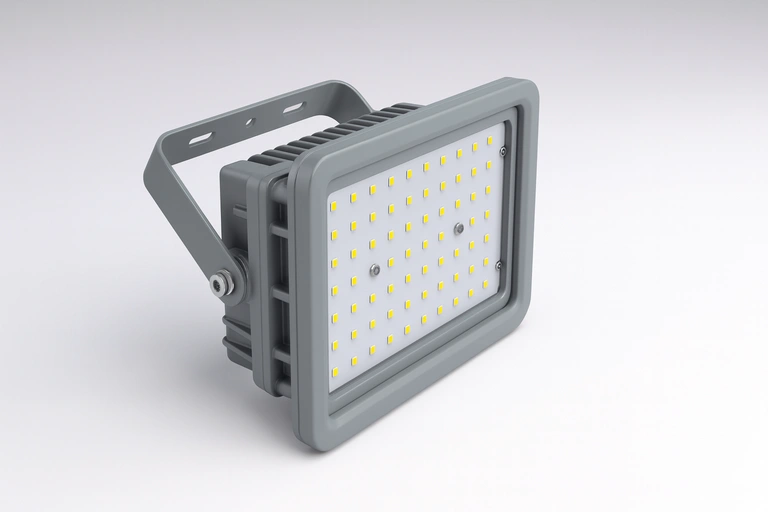 EXA Series Class 1 Div 2 & Class 2 Div 1 explosion proof flood light – rugged aluminum housing with LED array, heat-dissipating fins, and adjustable U-bracket, 16:9 single fixture 3D render.