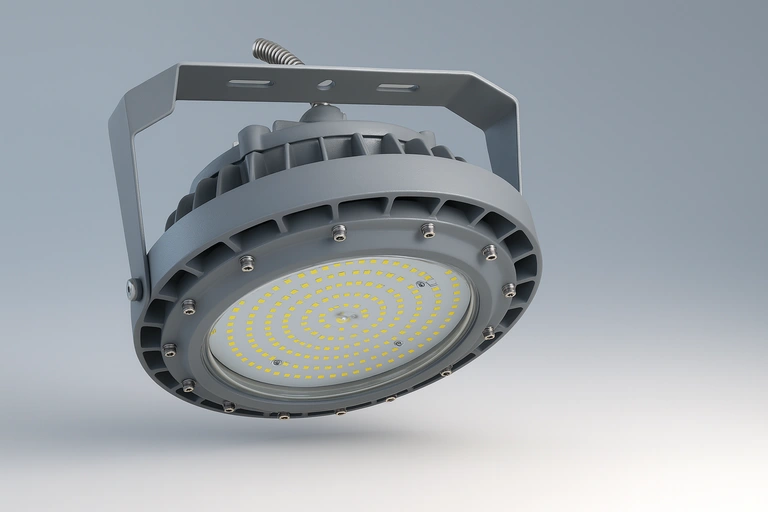 EX-C Series Class 1 Div 1 explosion proof LED flood light – compact round aluminum housing with concentric LED array, U-bracket mount, hazardous location lighting, 16:9 single fixture 3D render.