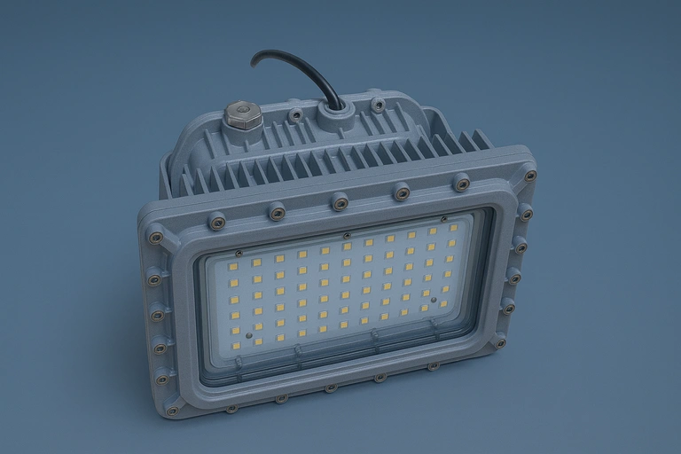 EXD Series Class 1 Div 1 explosion proof flood & high bay LED light – rugged rectangular aluminum housing with dense LED array, heat-dissipating fins, and corrosion-proof design, 16:9 single fixture 3D render.