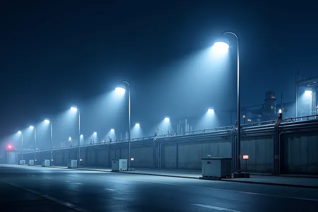 Explosion proof flood and high bay LED fixtures illuminating a large refinery yard at night, mounted on poles and walls for wide, glare-free coverage in hazardous environments.