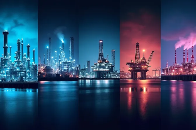 Industrial montage showing explosion proof flood and high bay lighting in oil refineries, chemical plants, offshore rigs, hazardous warehouses, and power generation facilities.